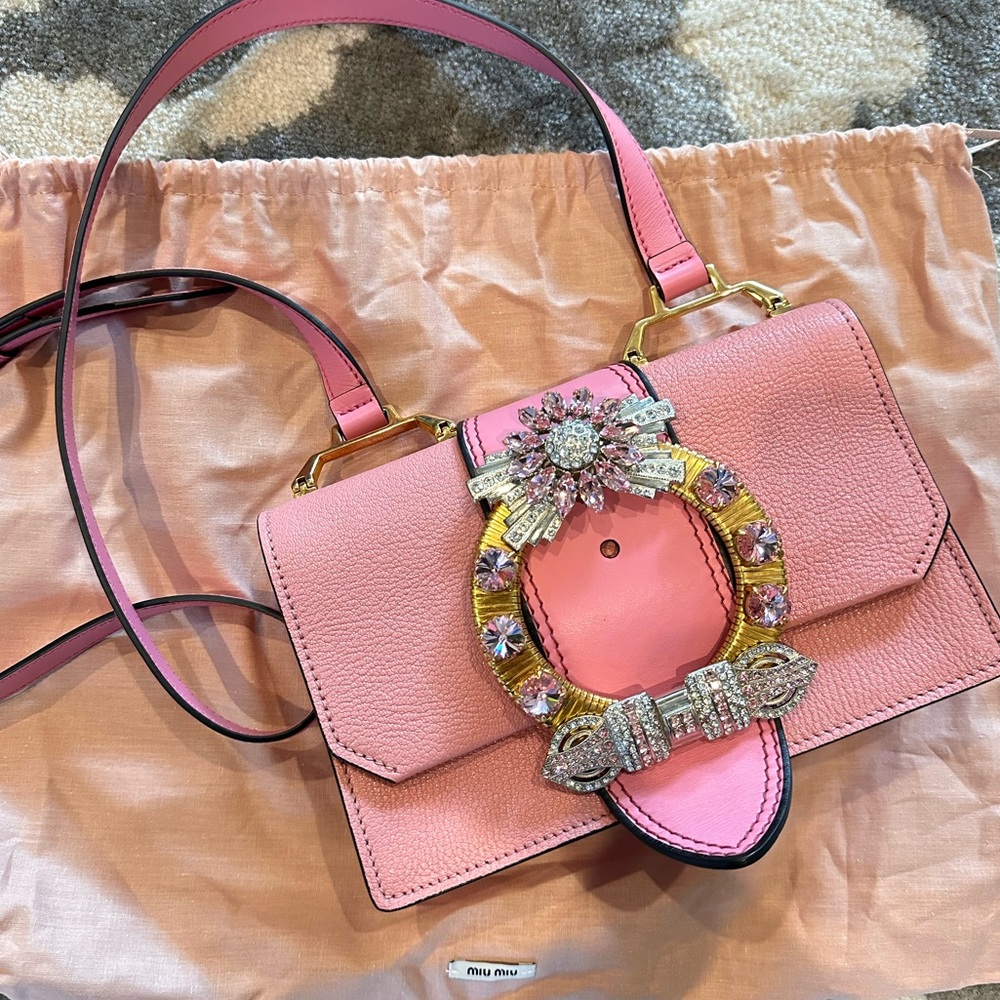🎉Miu Miu Rosa Pink Leather Madras Crossbody with Rhinestone Detail